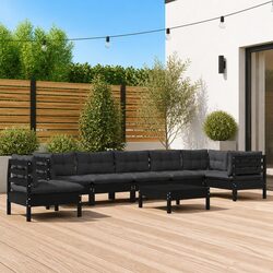 Garden Lounge Set 9 Piece Outdoor Patio Furniture Black Pinewood with Cushions