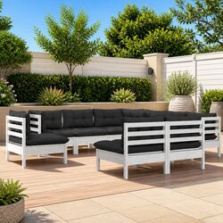 Garden Lounge Set 9 Piece Outdoor Furniture White Pinewood with Cushions Modular