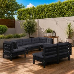 Garden Lounge Set 9 Piece Outdoor Patio Furniture Black Pinewood with Cushions
