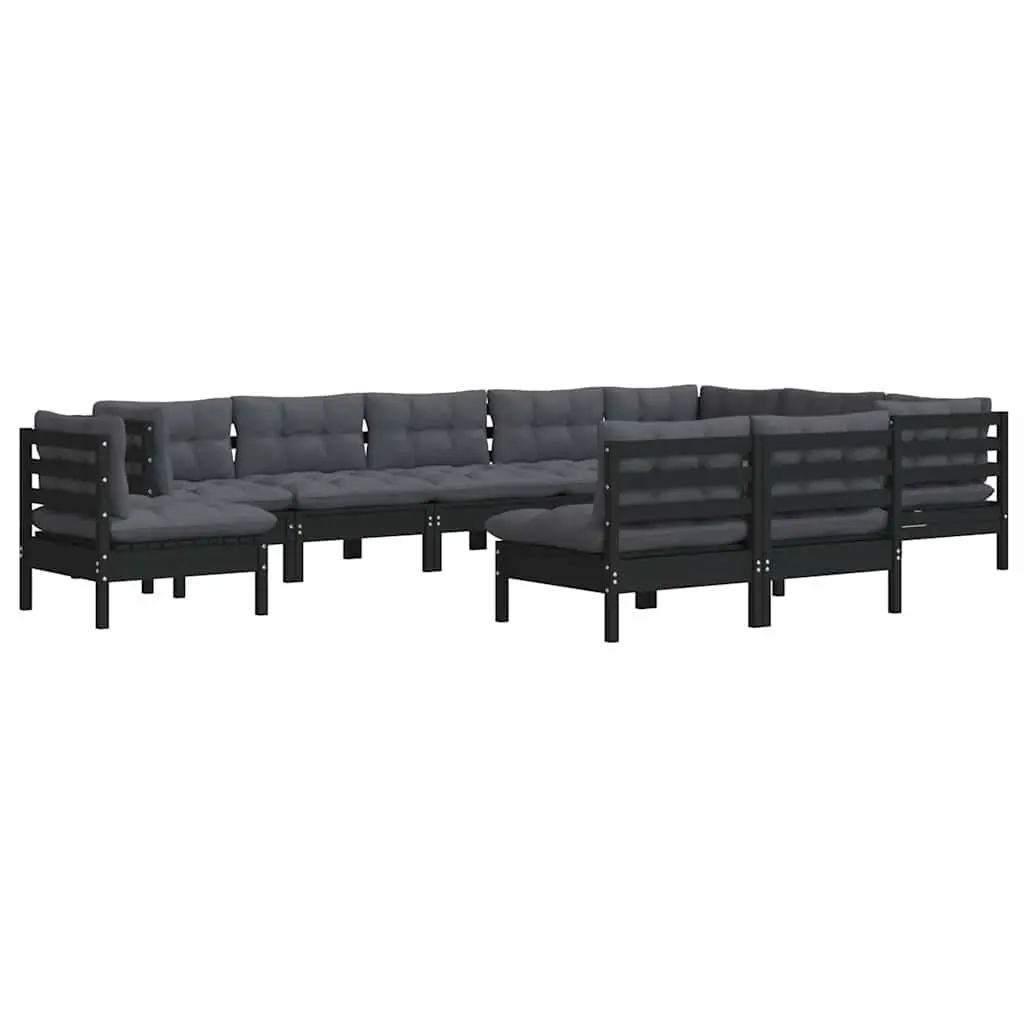 Garden Lounge Set 10 Piece Outdoor Patio Furniture Cushions Black Pinewood