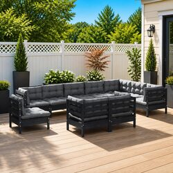 Garden Lounge Set 10 Piece Outdoor Patio Furniture Black with Cushions Modular