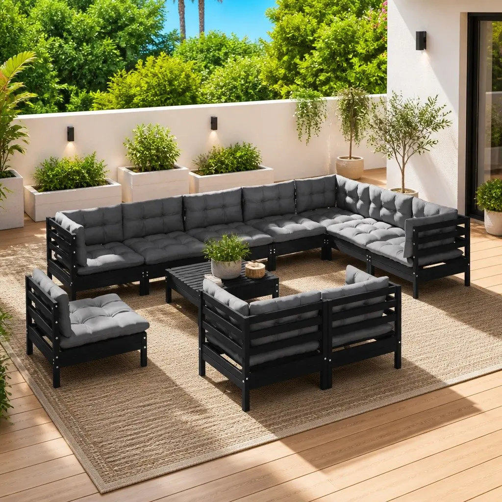Garden Lounge Set Modular 11 Piece Outdoor Patio Furniture Solid Pinewood Black with Cushions