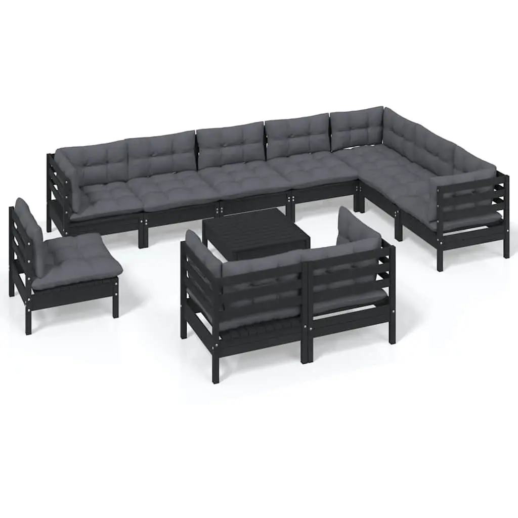 Garden Lounge Set Modular 11 Piece Outdoor Patio Furniture Solid Pinewood Black with Cushions