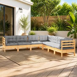 Garden Lounge Set 7 Piece Outdoor Patio Furniture with Grey Cushions Pinewood