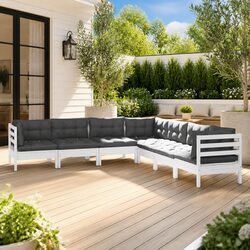 7 Piece Garden Lounge Set White Solid Pinewood Outdoor Patio Furniture with