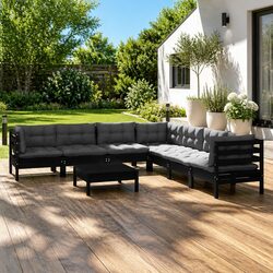 Garden Lounge Set 8 Piece Black Solid Pinewood Patio Furniture with Cushions