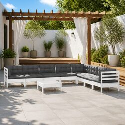 Garden Lounge Set 9 Piece White Solid Pinewood Patio Furniture with Cushions