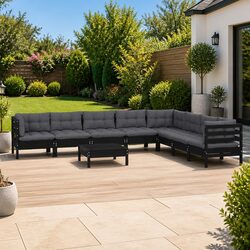Garden Lounge Set 9 Piece Black Solid Pinewood Outdoor Furniture with Cushions
