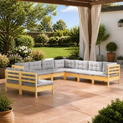 Garden Lounge Set 9 Piece Outdoor Patio Furniture Grey Cushions Modular Seating