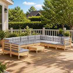 Garden Lounge Set 11 Piece Outdoor Patio Furniture Grey Cushions Modular