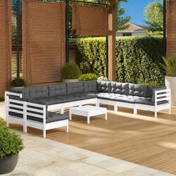 Garden Lounge Set 11 Piece White Solid Pinewood Patio Furniture with Cushions