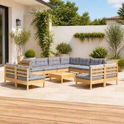 Garden Lounge Set 12 Piece Outdoor Patio Furniture Solid Pinewood Grey Cushions
