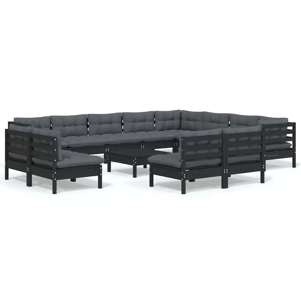 Garden Lounge Set Modular 13 Piece Patio Furniture Solid Pinewood Black Cushions Outdoor