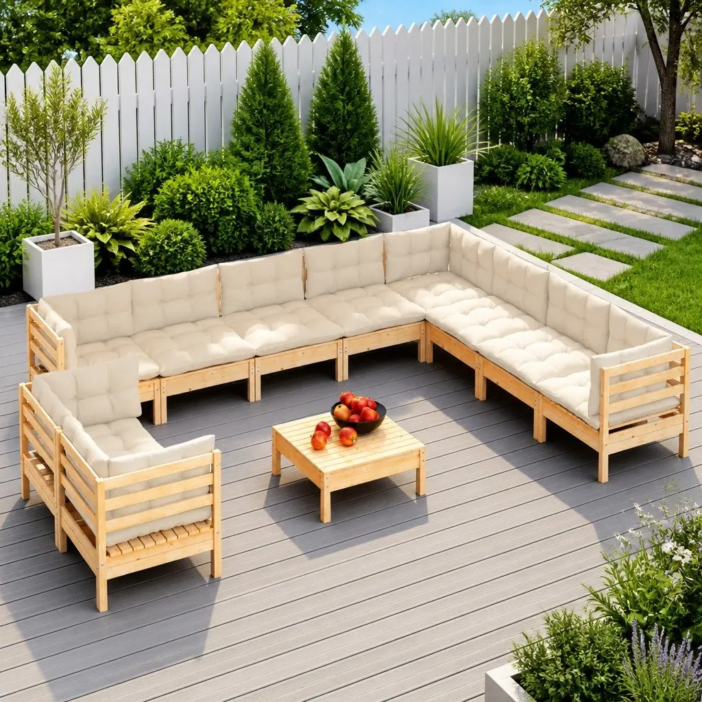 Garden Lounge Set Modular 11 Piece Outdoor Patio Furniture Solid Pinewood Cream Cushions