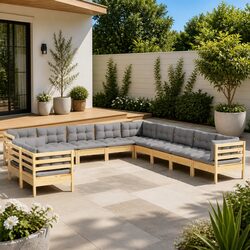 Garden Lounge Set 11 Piece Outdoor Furniture with Grey Cushions Solid Pinewood