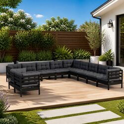 Garden Lounge Set 11 Piece Outdoor Patio Furniture Black with Cushions Modular