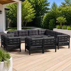 Garden Lounge Set 11 Piece Outdoor Furniture Black Pinewood with Cushions