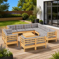 Garden Lounge Set 12 Piece Outdoor Furniture Patio Solid Pinewood Grey Cushions