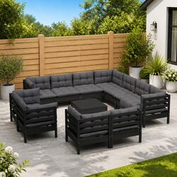 Garden Lounge Set 12 Piece Outdoor Furniture Black Pinewood with Cushions Patio