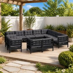 Garden Lounge Set 12 Piece Outdoor Patio Furniture Black Pinewood with Cushions