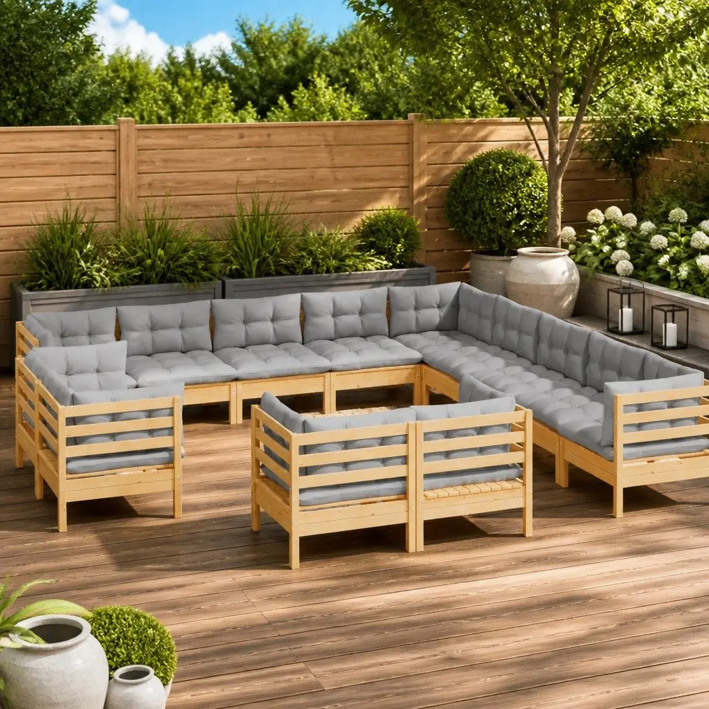 Garden Lounge Set 13 Piece Outdoor Patio Furniture Grey Cushions Solid Pinewood