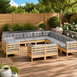 Garden Lounge Set 13 Piece Outdoor Patio Furniture Grey Cushions Pinewood