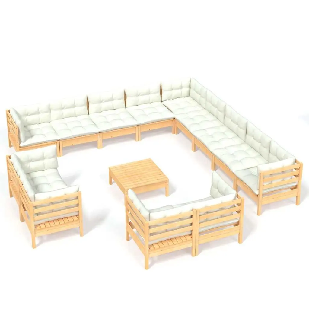 Garden Lounge Set 14 Pieces Solid Pinewood Outdoor Patio Furniture with Cream