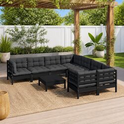 9 Piece Garden Lounge Set Black Pinewood Outdoor Furniture with Cushions Modular