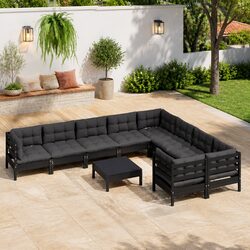 Garden Lounge Set 10 Piece Outdoor Patio Furniture Black Pinewood with Cushions