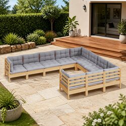 Garden Lounge Set 10 Piece Modular Patio Furniture Grey Cushions Pinewood