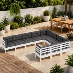 Garden Lounge Set 10 Piece White Pinewood Patio Furniture with Cushions Modular