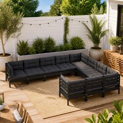 Garden Lounge Set 10 Piece Outdoor Patio Furniture Black with Cushions Modular