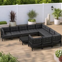 Garden Lounge Set 11 Piece Black Pinewood Outdoor Furniture with Cushions