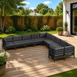 Garden Lounge Set 10 Piece Outdoor Patio Furniture Black Pinewood with Cushions