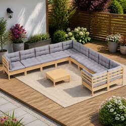Garden Lounge Set 11 Pieces Wooden Patio Furniture Grey Cushions Outdoor Seating