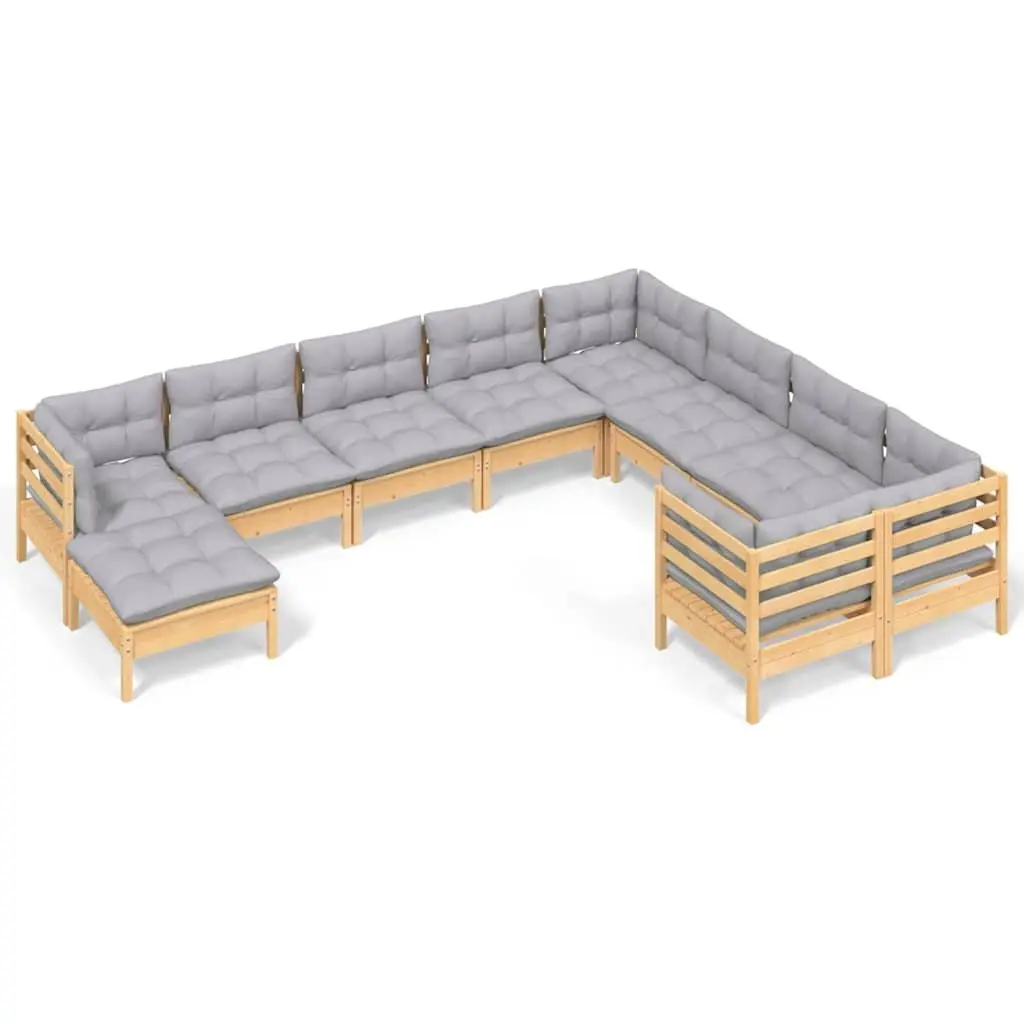Garden Lounge Set 10 Piece Solid Pinewood Outdoor Patio Furniture with Grey Cushions