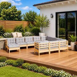 Garden Lounge Set 11 Piece Outdoor Patio Furniture Grey Cushions Pinewood