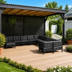 11 Piece Garden Lounge Set with Cushions Black Pinewood Outdoor Furniture