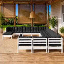 Garden Lounge Set 12 Piece White Pinewood Outdoor Furniture with Cushions Patio