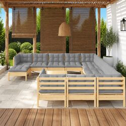 Garden Lounge Set 13 Piece Outdoor Patio Furniture Grey Cushions Pinewood
