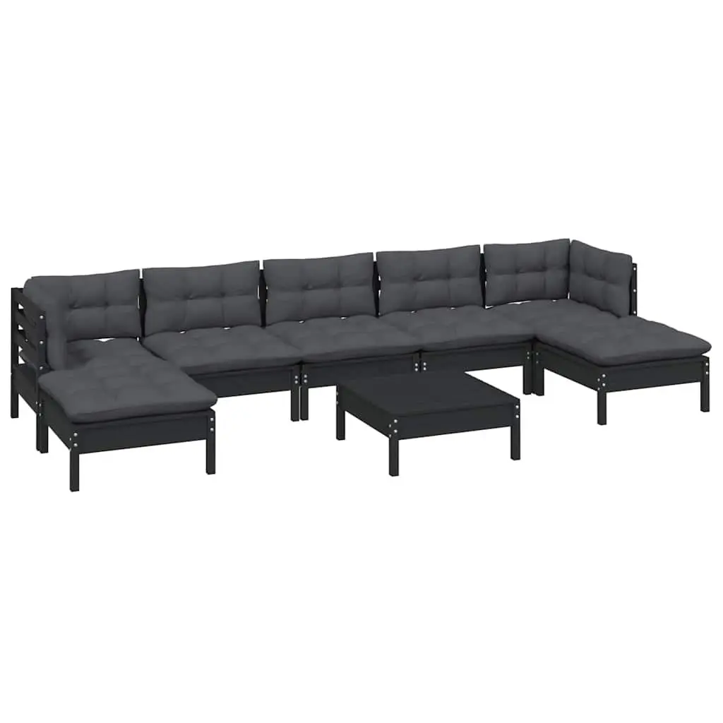 Garden Lounge Set Modular 8 Piece Black Pinewood Patio Furniture with Cushions