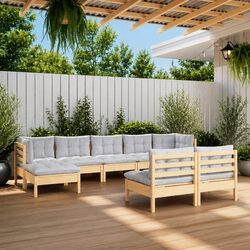 Garden Lounge Set 9 Piece Outdoor Patio Furniture Grey Cushions Pinewood