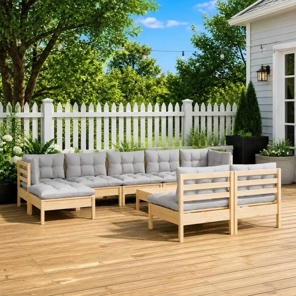 Garden Lounge Set Modular Outdoor Furniture 10 Pieces Pinewood Grey Cushions