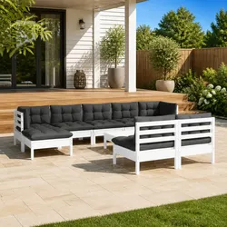 Outdoor Garden Lounge Set 10 Pieces with Cushions White Pinewood Patio Furniture