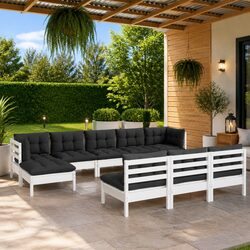 Garden Lounge Set 10 Piece White Pinewood Outdoor Furniture with Cushions