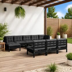 Garden Lounge Set 11 Piece Outdoor Patio Furniture Black Pinewood with Cushions
