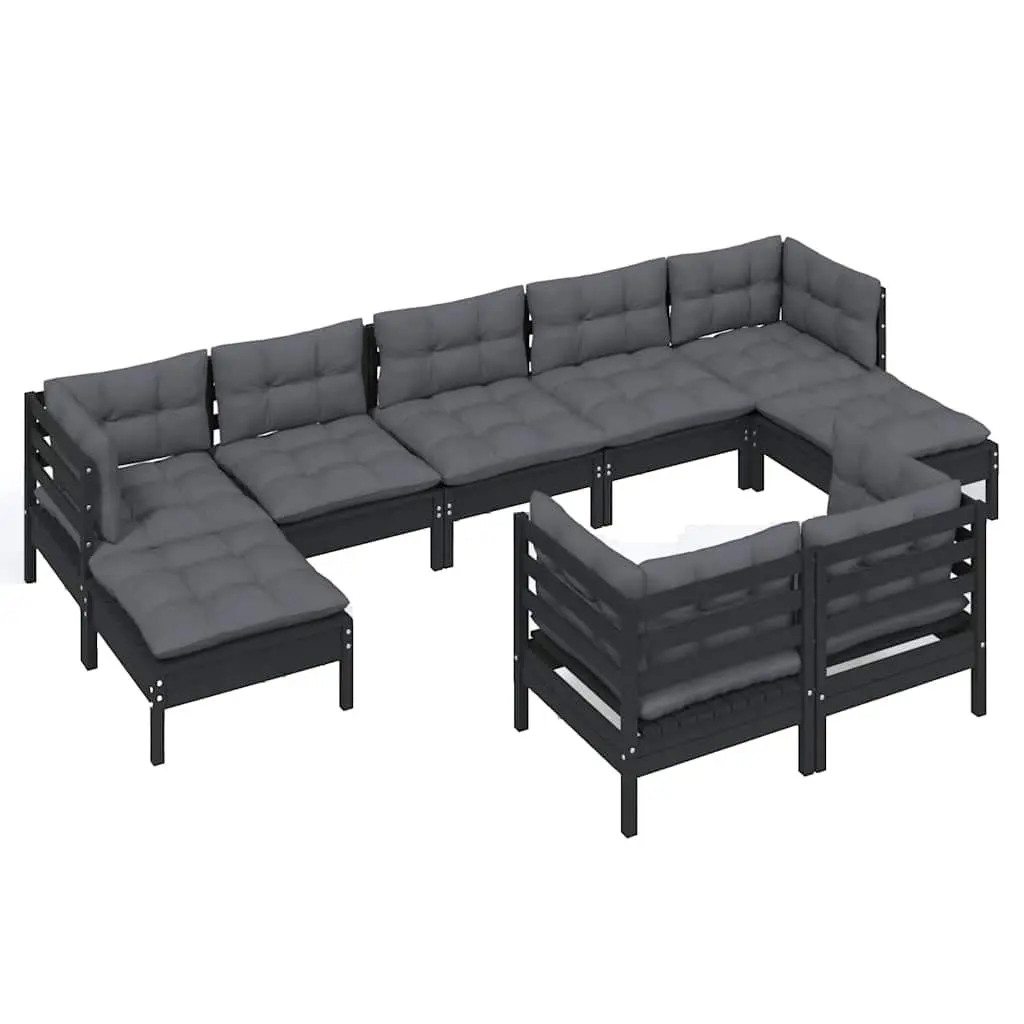 Garden Lounge Set 9 Piece Outdoor Patio Furniture Solid Pinewood Black with Cushions