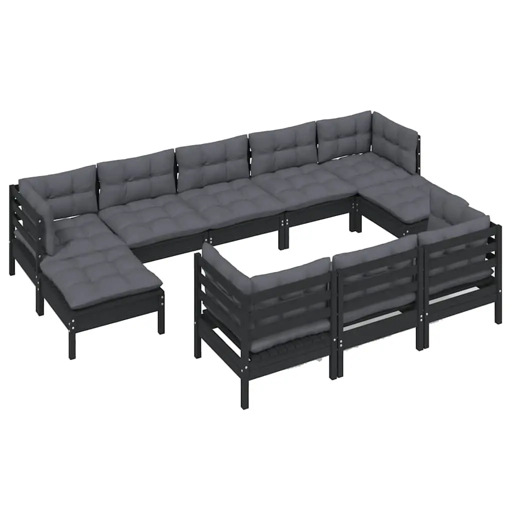 Garden Lounge Set 10 Piece Outdoor Furniture Solid Pinewood Black with Cushions
