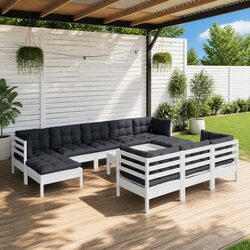 11 Piece Garden Lounge Set White Solid Pinewood Outdoor Patio Furniture with