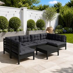 Garden Lounge Set 7 Piece Patio Furniture Black Solid Pinewood with Cushions